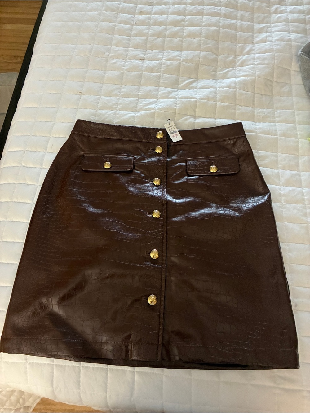 Talbots Dark Brown Faux Leather Croc-Embossed Button-Front Mini Skirt